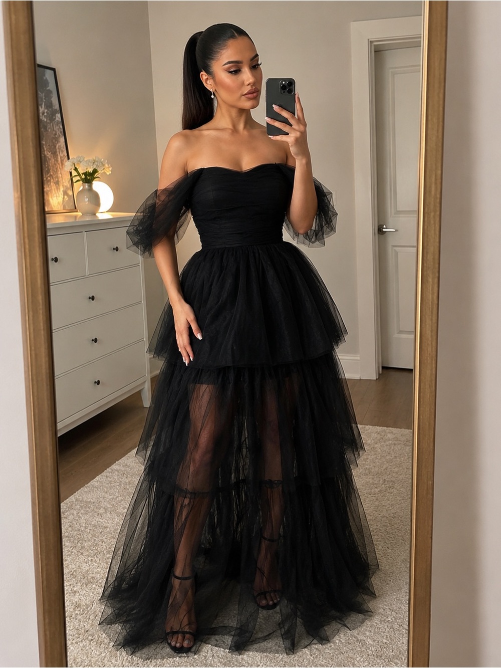 Off-Shoulder Black Tulle Layered Evening Dress